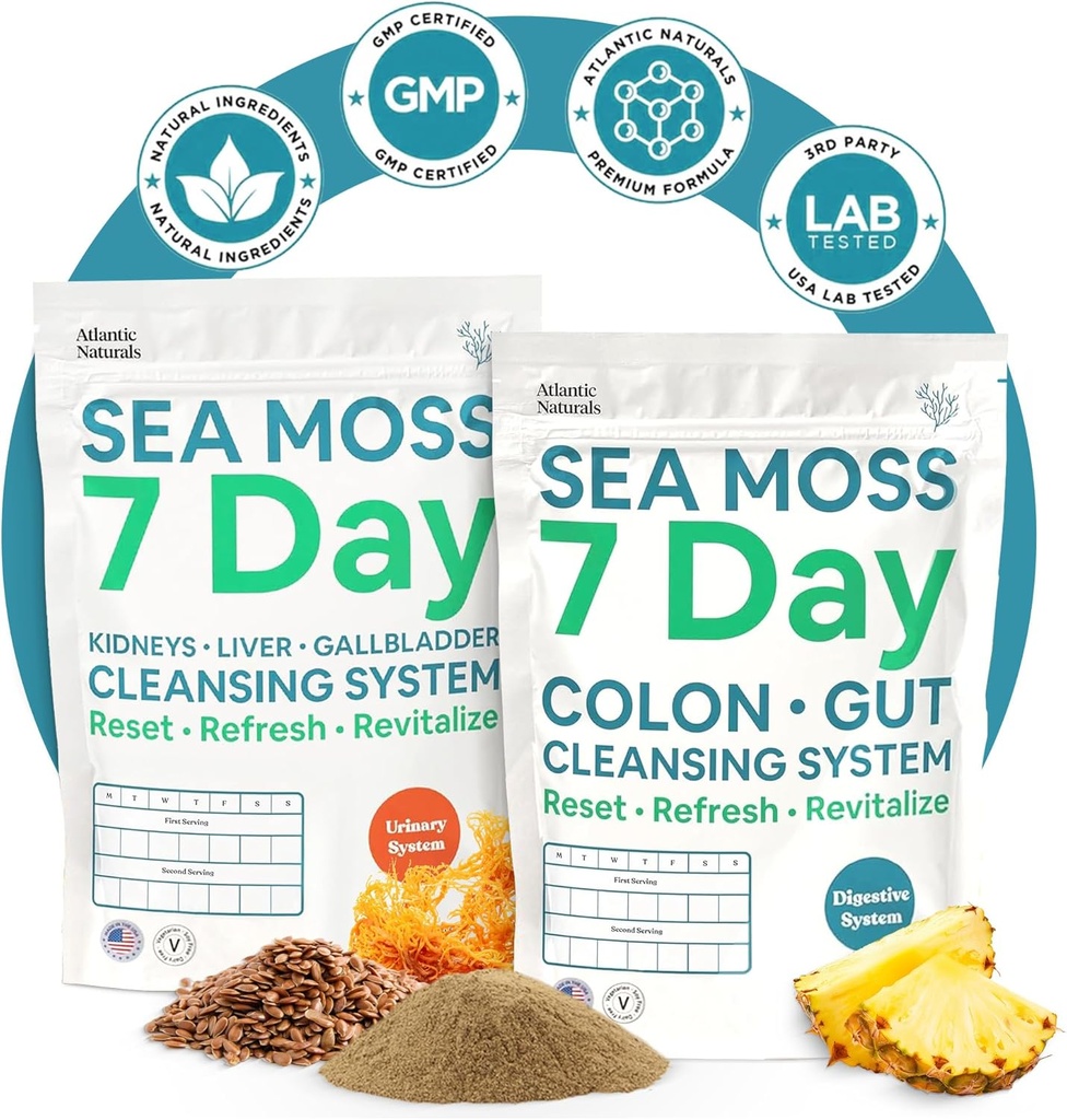 Atlantic Naturals Sea Moss 7-Day Full Body Cleanse Detox 번들, Psyllium Husk Senna Powder & Organic Sea Moss Powder Kidney, Liver, Gallbladder, Pineapple flavor Drink Mix와 Colon Cleanse 분말