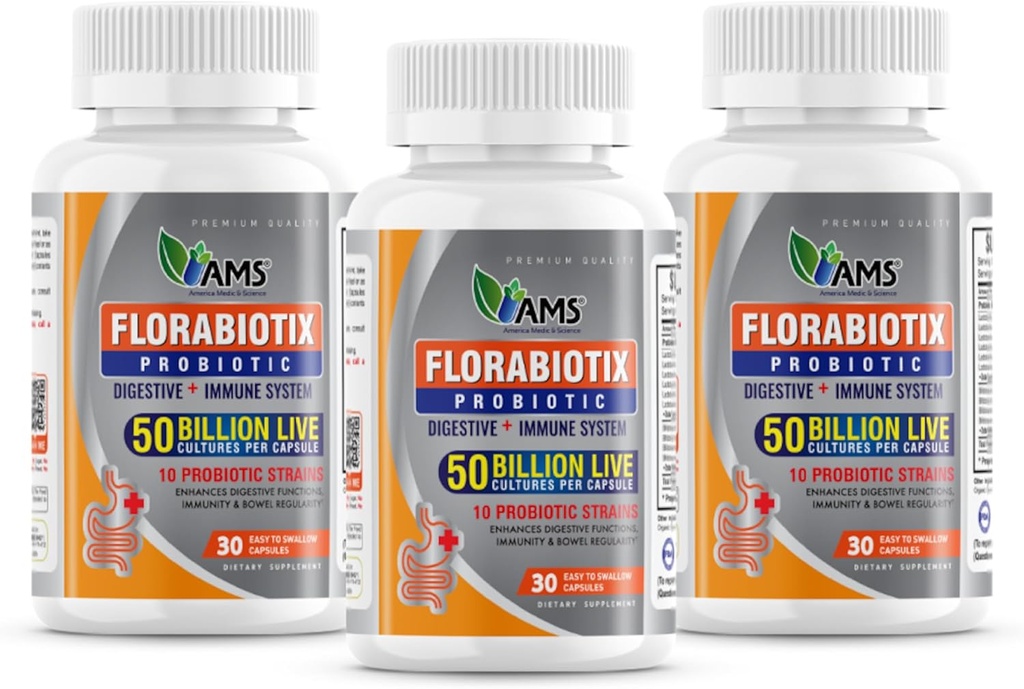 미국 Medic & Science Florabiotix Probiotic (90 캡슐) | 남성과 여성을 위한 규정식 보충교재| 50억 명의 라이브 문화 | 10 Probiotic Strains | Digestive and Immune Health (Pack of 3)