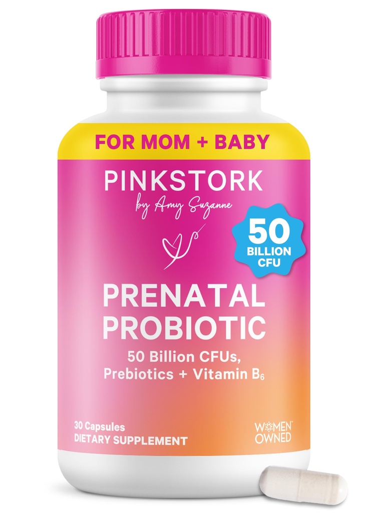 여성을위한 핑크 Stork Prenatal Probiotics - 50 억 CFU, 비타민 B6, Prebiotics, 아침 Sickness, Gut Microbiome, 임신 Probiotics, 면역 지원, 임신이 있어야합니다 - 30 캡슐