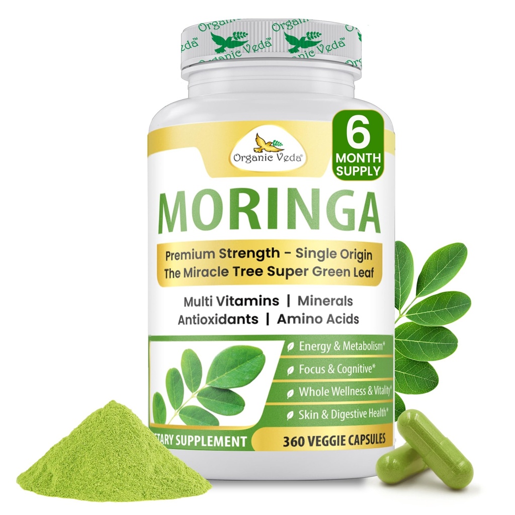 유기 Veda Moringa 잎 분말 캡슐, 1000mg, 360 조사 - 진정한 그린 네이티브 유기 Moringa Oleifera, 프리미엄 강도 영양 Dense 100 % 순수 휴가 - 에너지, 수면 및 면역 지원 - Vegan