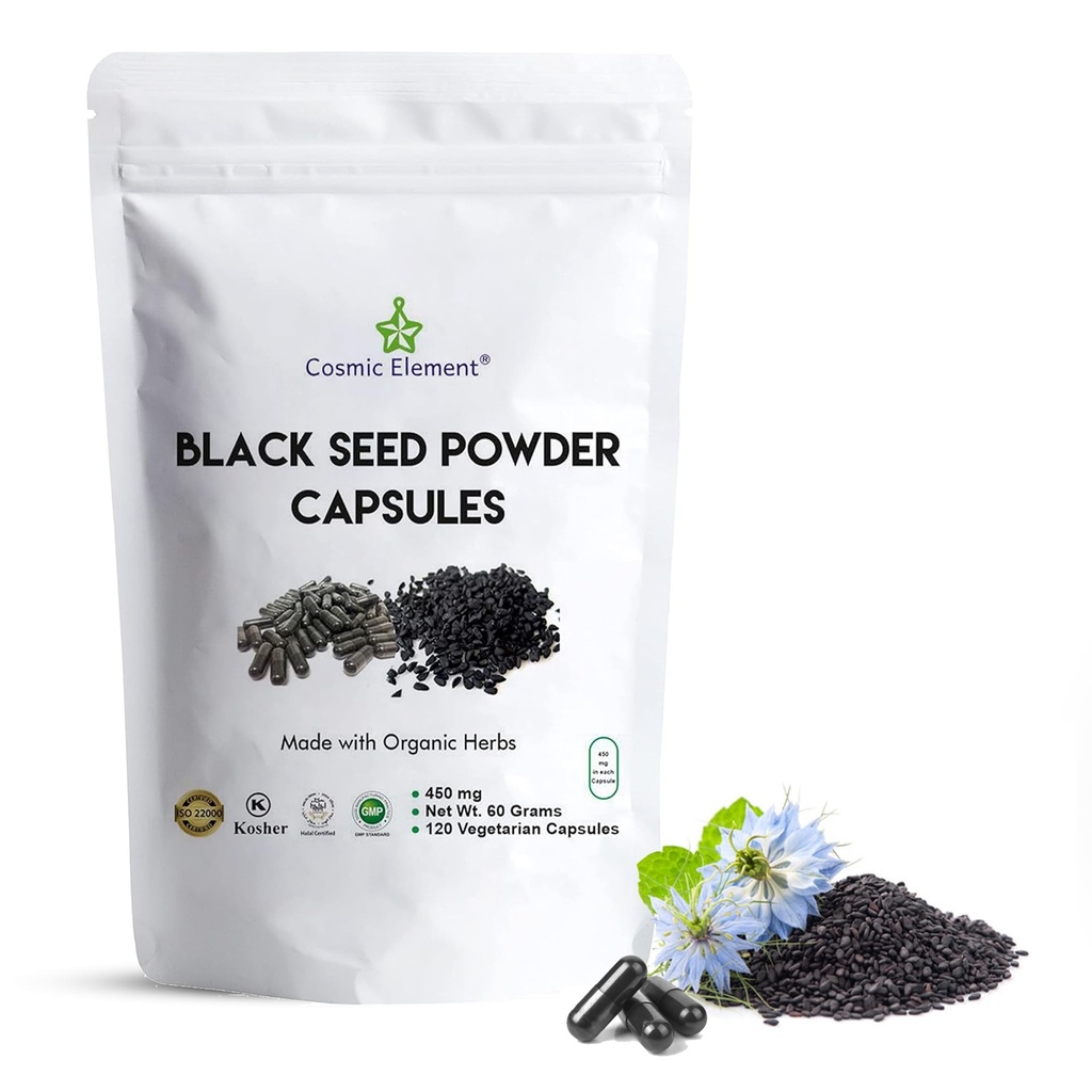 Cosmic 성분 100% 순수한 까만씨 분말 캡슐 유기 - 건강을 위한 서빙 당 Vegan Nigella Sativa 450mg 검정 Cumin씨 - 120의 캡슐