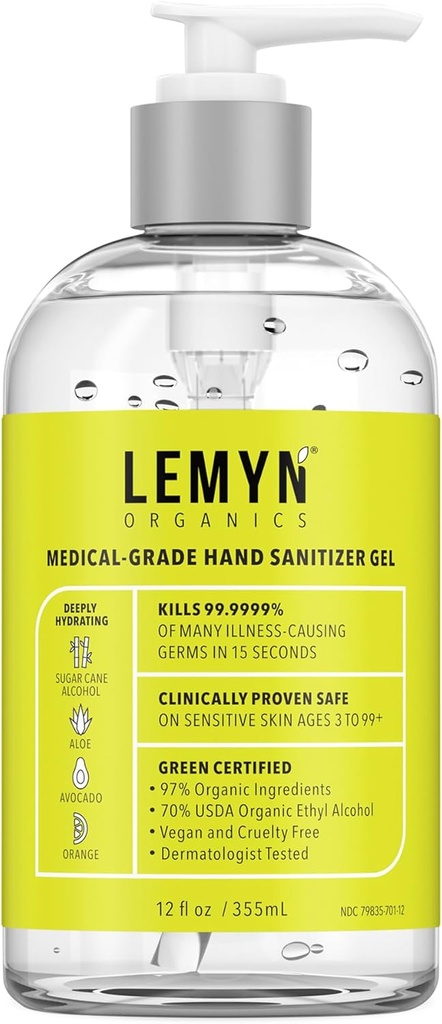 의료 등급 손 소독제 젤 – 97 % 유기 | 70 % USP Ethyl Alcohol | Moisturizing Aloe + Hyaluronic Acid | 신선한 미국 소재 | 12oz 펌프와 병