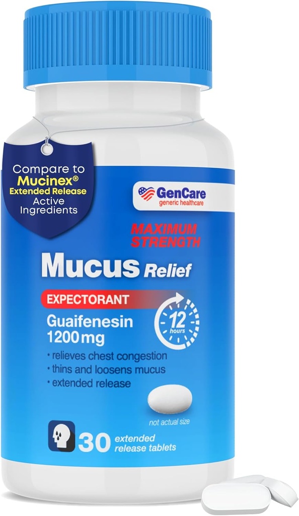 GenCare Mucus Relief 1200 mg 최대 힘 (30 조사) 1200mg Guaifenesin Extended-Release Tablets – 성인을 위한 가슴 혼잡 구호를 위한 기대 – 최대 힘에 비교하십시오 12 시간
