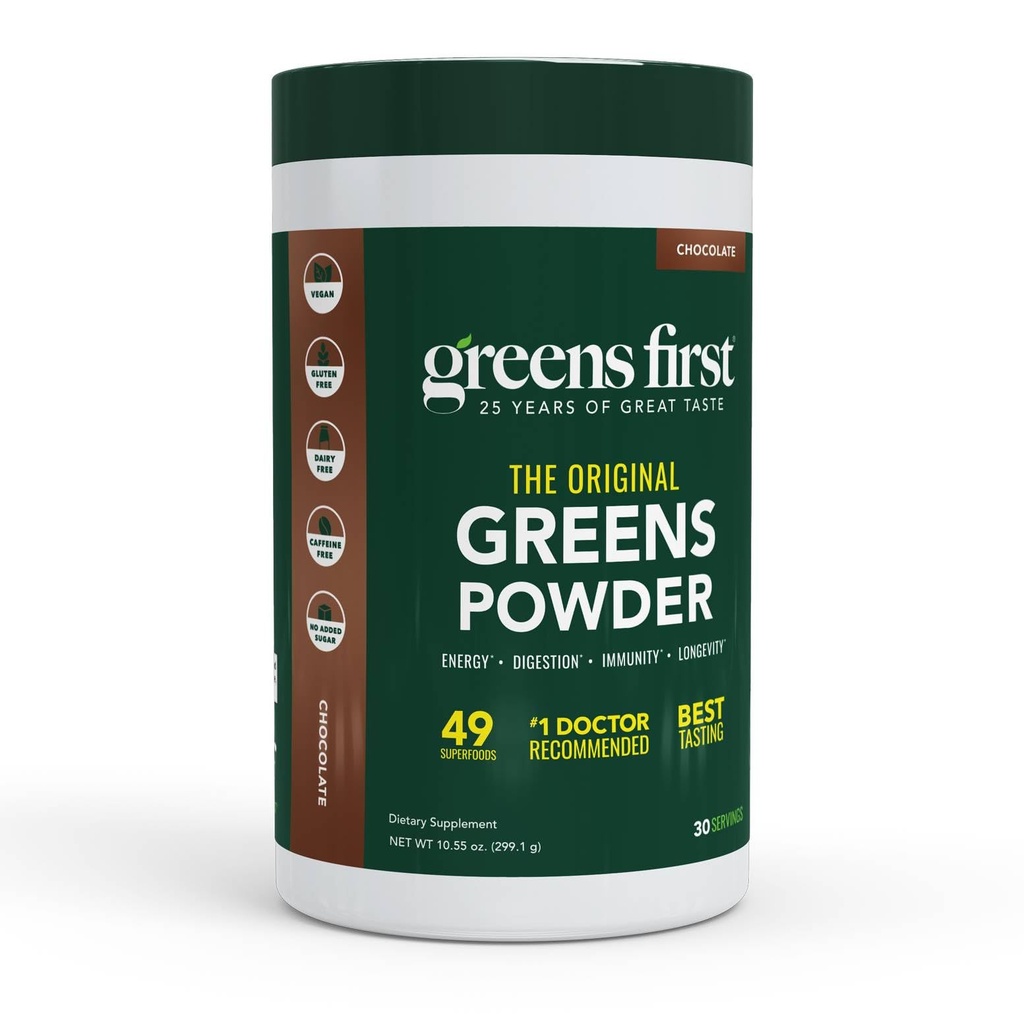 Greens First Original Greens Powder - 49 Superfoods - 유기농 과일 및 채소 - Prebiotics, Probiotics & Digestive Enzymes - 산화 방지제 스무디 - 낙농장 무료, Vegan, Non-GMO (콜릿, 30 서빙)