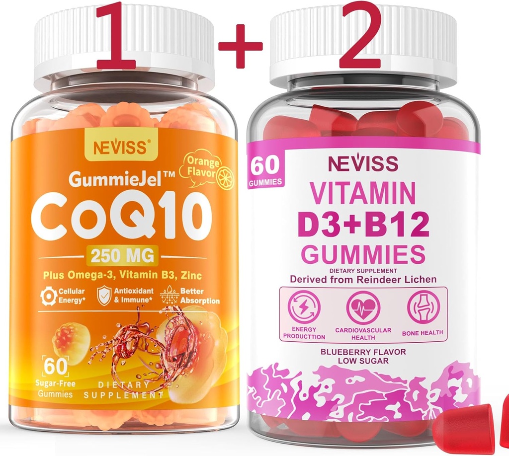 NEVISS 설탕 자유로운 CoQ10-250mg는 Gummies, 60Cts + Vegan 비타민 D3 5000IU & 메틸 B12 1000mcg Gummies, 120Cts를 채웠습니다