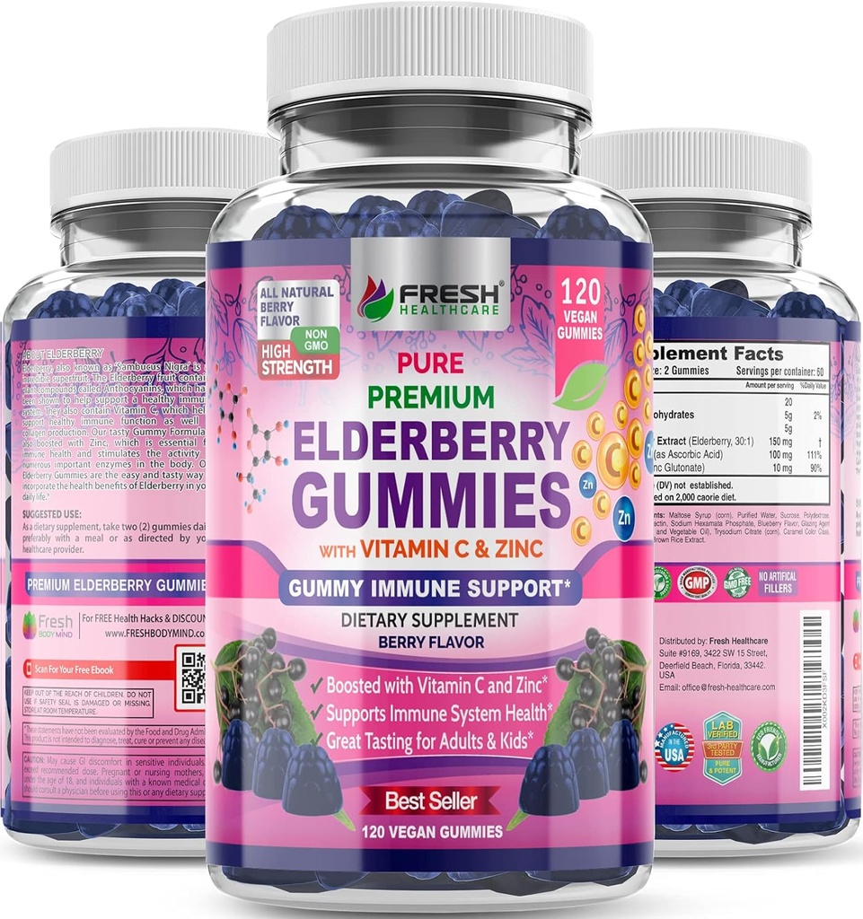 FRESH HEALTHCARE Elderberry Gummies 비타민 C, 아연 및 Sambucus Elderberry 30 : 1 추출물 - 100 % Vegan - 성인 및 어린이를위한 면역 지원 - 120 카운트 거미 보충