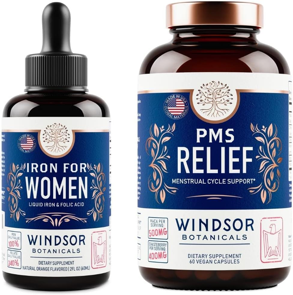 WINDSOR BOTANICALS 액체 철과 PMS 구호 캡슐 여자 뭉치