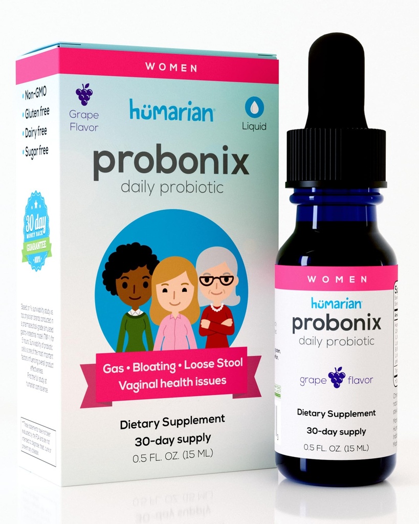 여성을위한 Probonix Humarian 액체 프로바이오틱스 - 12-Strain Probiotic Drops to Fortify Women 's Gut Health, Vaginal Health, Immunity and overall Wellness - 30 일 공급 - 맛있는 포도 맛