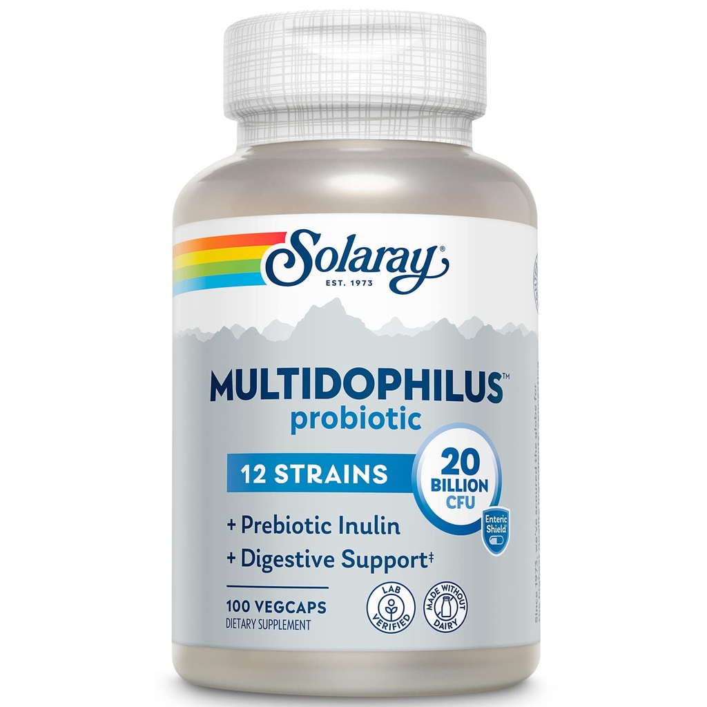 SOLARAY Multidophilus 12 스트레인 프로 바이오 틱 20 억 CFU, 소화 건강 및 Gut 건강 지원, Prebiotic Inulin, Dairy, 50 Serv, 100 VegCaps에 대 한 프로 바이오 틱스