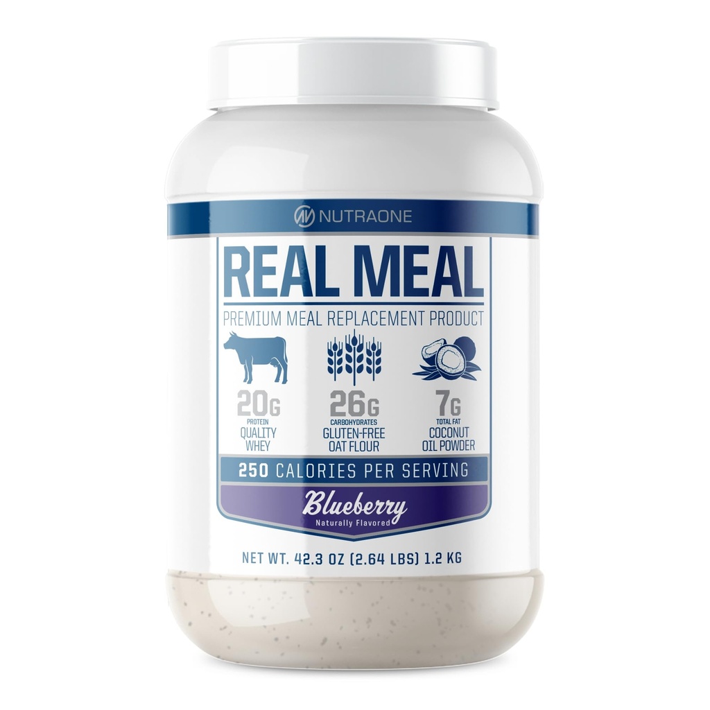 NutraOne의 실제 식사 - 매일 목표를위한 완벽한 식사 교체 분말 | Whey Protein, Coconut Oil 및 Gluten-Free Oats * 포함 (블루 베리 - 2.6 파운드.)