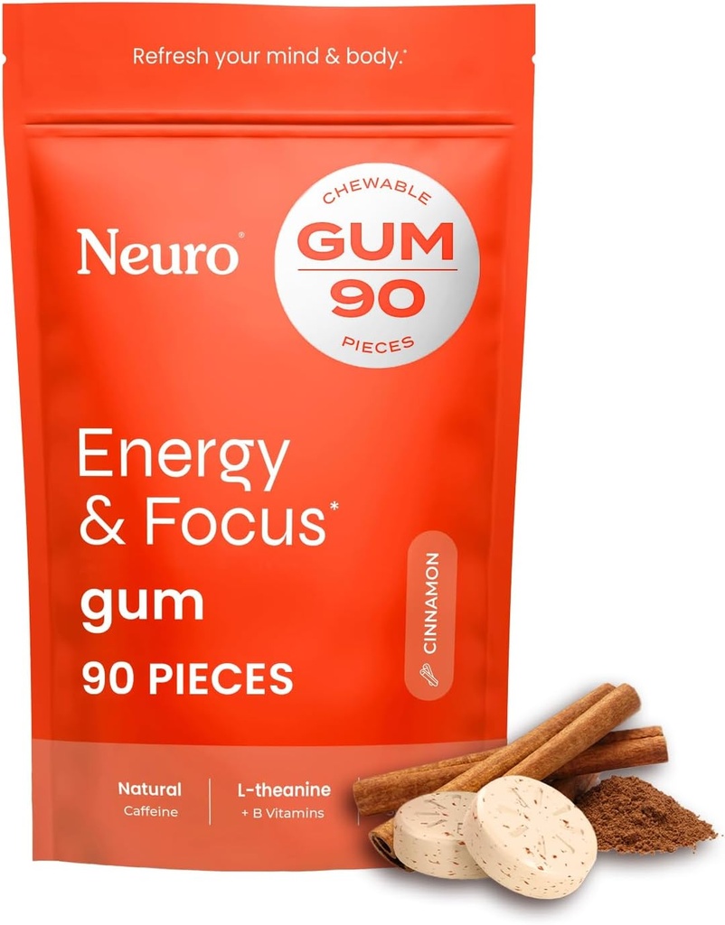 NeuroGum 에너지 & 초점 껌 (천연, 90 조각) | 40mg 자연적인 카페인 + L-Theanine + 비타민 B12 & B6 + Xylitol | 설탕 자유로운 Nootropic Cognitive 두뇌 성과 보충교재