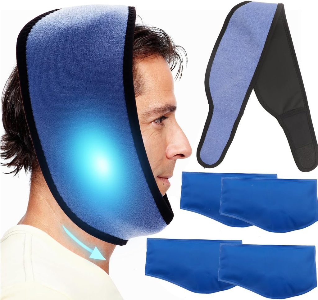 Jaw, Toothache Ice Pack Cold Compress for Head and Chin, Reusable Hot 또는 Cold Gel Pack Pain Relief for TMJ, 구강 및 페이셜 수술, 치과 임플란트 (1 Wrap+4 Ice Pack)