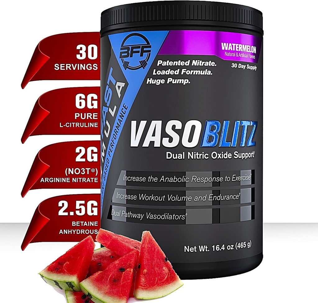 VASOBLITZ 상, NO3T Arginine Nitrate, L-Citrulline, Betaine Anhydrous, 칼슘 Lactate, Muscular Endurance (30 서빙) (수박)를 위한 카페인 자유로운 이중 니트로 산화물 전 운동