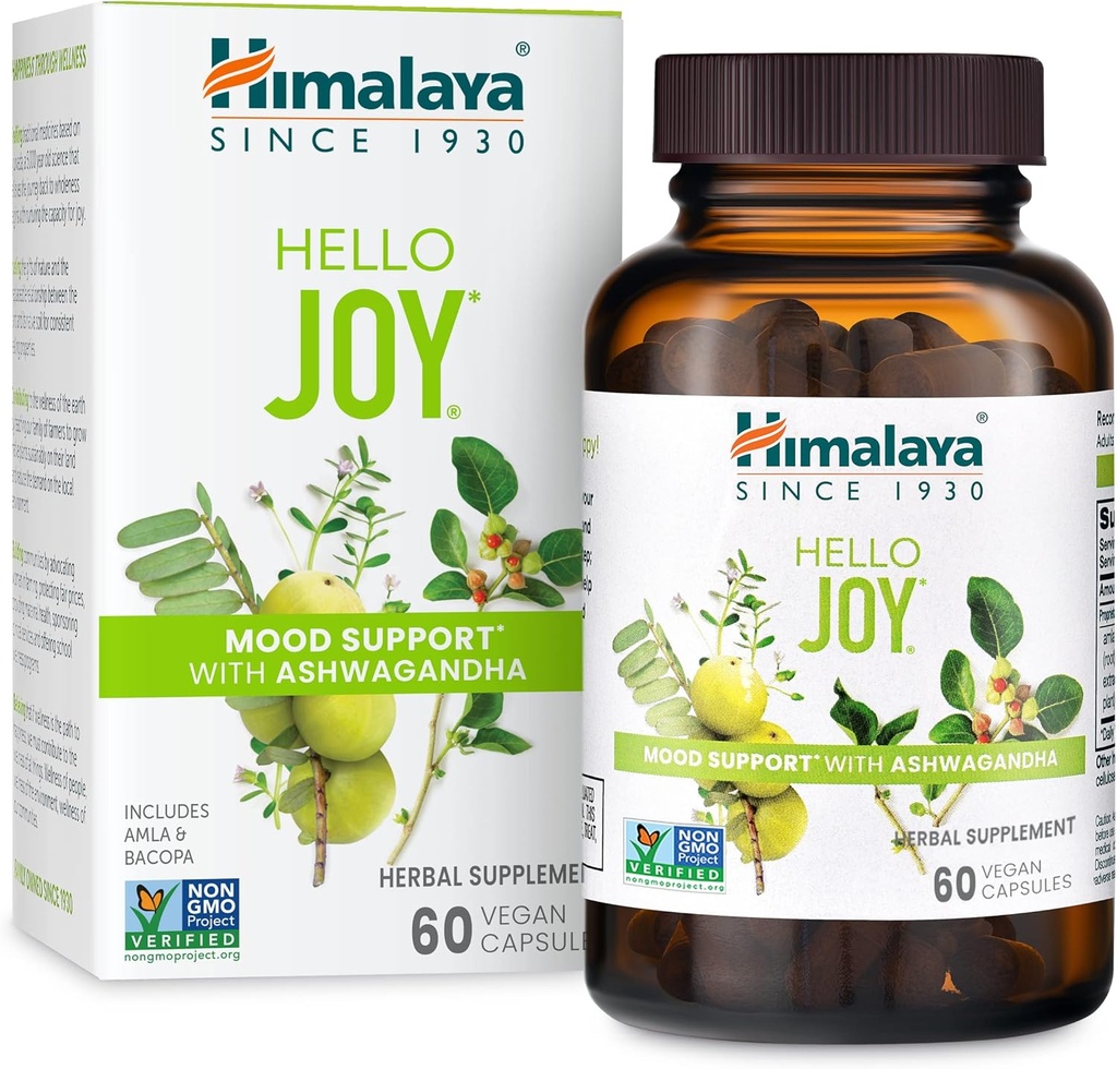 Himalaya 안녕하세요 Joy 초본 보충, Ashwagandha, Amla, Bacopa, Holy Basil/Tulsi, Positive Outlook, 지원 동기 부여, 스트레스 완화, 균형 잡힌 Cortisol, 비 GMO, Vegan, 60 캡슐