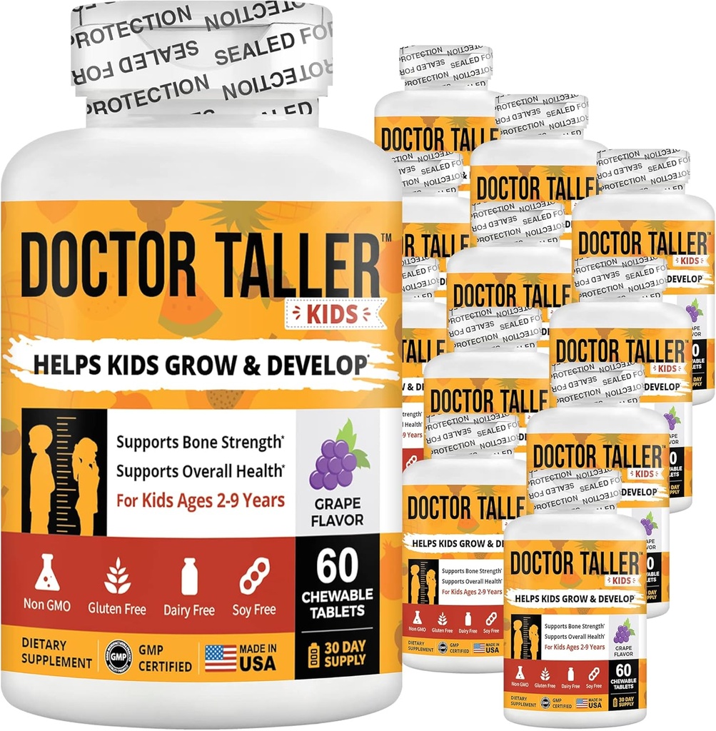 NuBest Doctor Taller Kids with Multivitamins, Multimineral, 칼슘 Chewable Tablets, Kids Ages 2에서 9까지의 칼슘 보충 - 포도 풍미 - 아이들에게 건강한 도움 - 12 팩