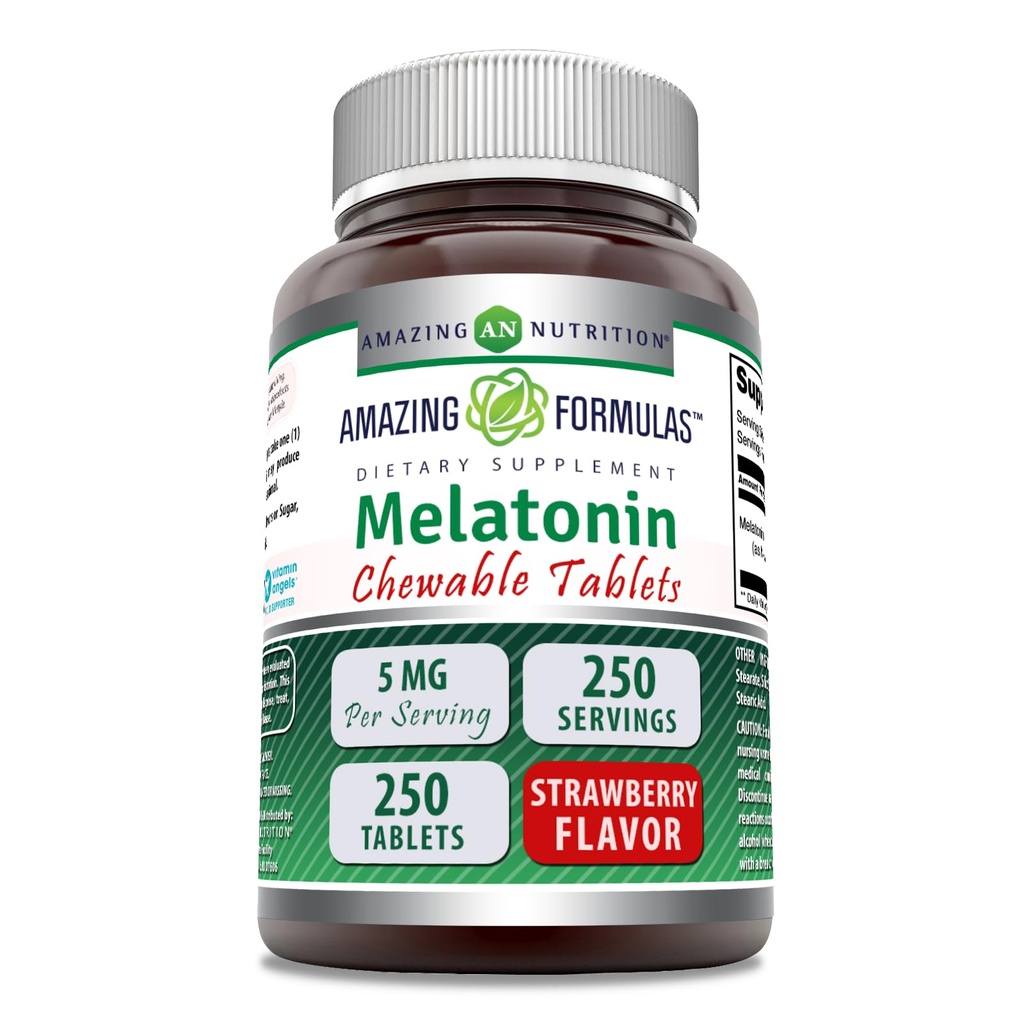 Amazing Formulas Melatonin Chewable Supplement | 5 Mg Per 서빙 | 250 타블렛 | Non-GMO | 글루텐 프리 | 미국 (딸기)