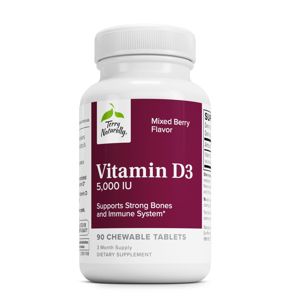Terry Naturally Vitamin D3 - Bone Health & Bone Strength Supplement - 면역 체계 및 뇌 지원을위한 규정식 보충 - 혼합 Berry 풍미가있는 5,000 IU 비타민 D 정제 - 90 Chewable Tablet