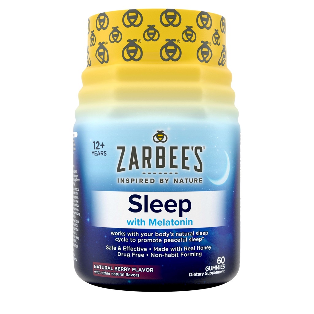 Zarbee의 Melatonin Gummies 3mg 수면 보충 평화로운 수면, 자연 혼합 과일 맛, 성인 거미 연령 12 위, 60 조사