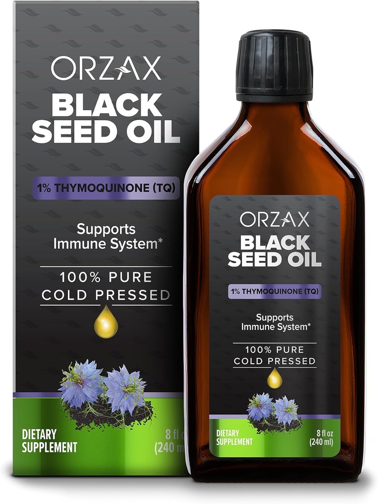 ORZAX 블랙 씨 오일 액체 (8 fl oz) - 냉간 압착 100 % 순수 | Vegan, 글루텐 무료, 비 GMO | 5000mg Black Cumin (Nigella Sativa) 오일 50mg Thymoquinone | 오메가 3-6-9 | 유리 병