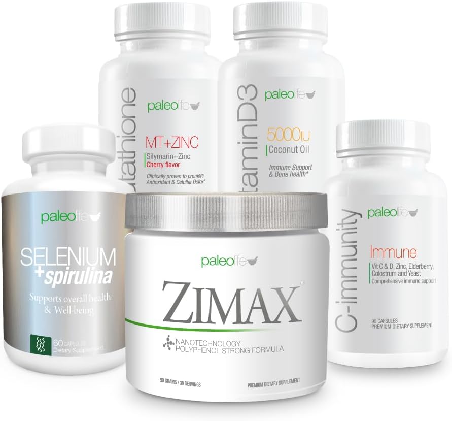프리미엄 최대 방어 가치 키트: 이 5 프리미엄 보충제와 비타민 키트 포함: Zimax, Selenium + Spirulina, Glutathione MT + 아연, 비타민 D3 및 C-Imm.