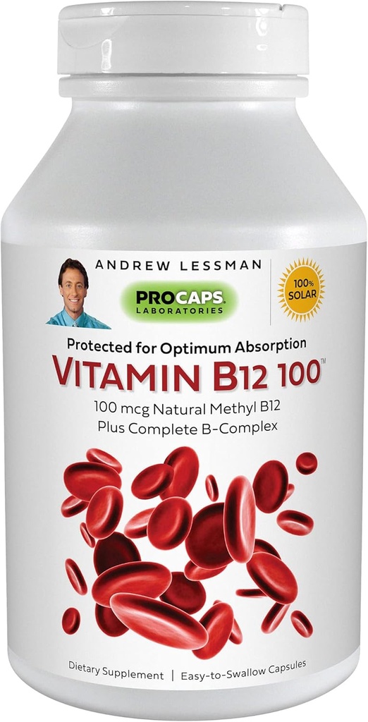 ANDREW LESSMAN 비타민 B12 100 180 캡슐 - 흡수 보호 된 Methylcobalamin (Natural Coenzyme Vitamin B12), 에너지 및 스트레스 지원에 필수적인 B-Complex, 삼키기 캡슐에 쉽게