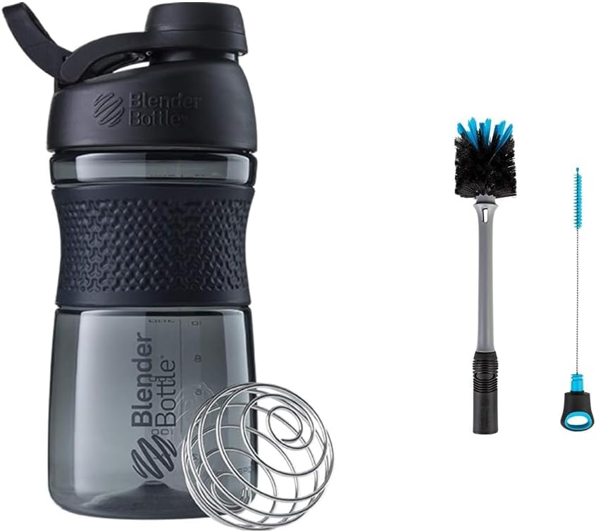 BlenderBottle SportMixer Shaker Bottle Perfect for Protein Shakes and Pre Workout, 20-Ounce, Black & 2-in-1 Shaker Bottle and Straw Cleaning Brush, 1 팩, 그레이