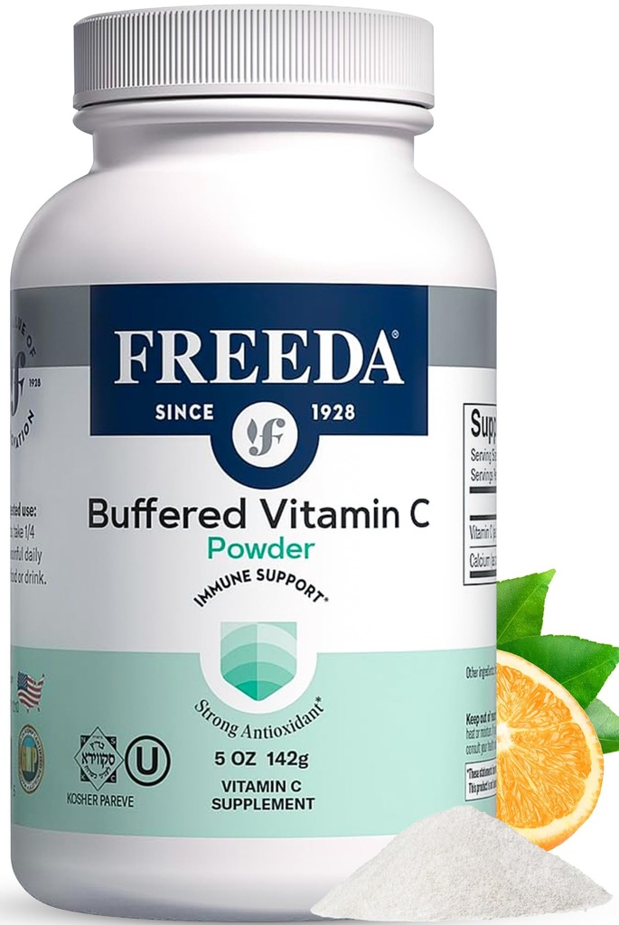 FREEDA 버퍼 비타민 C 분말 (칼슘 아스코르베이트) - 비 산성, 민감성 개인을위한 Stomach-Friendly 비타민 C - Vegan, Kosher, Sugar-Free Immune 지원 - 5 온스