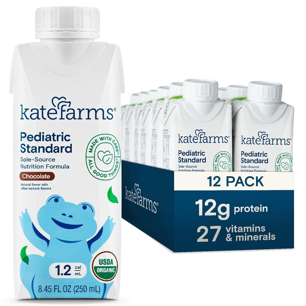 KATE FARMS 유기 소아과 1.2 높은 칼로리 초콜릿 영양 셰이크, 12g 단백질, 27 비타민 및 미네랄, 식사 교체, 8.45 온스 (12 팩)
