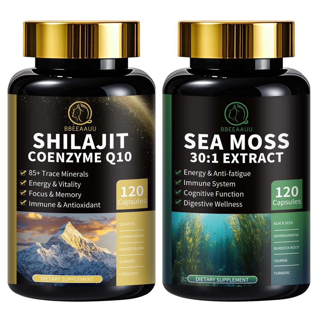 남자, 바다 Moss 및 Shilajit 번들을위한 Shilajit, Coenzyme Q10, Black Seed, Ashwagandha, Taurine, Burdock for Energy, Endurance, Antioxidant & Immune Support, 240 캡슐과 함께 모든 보충제