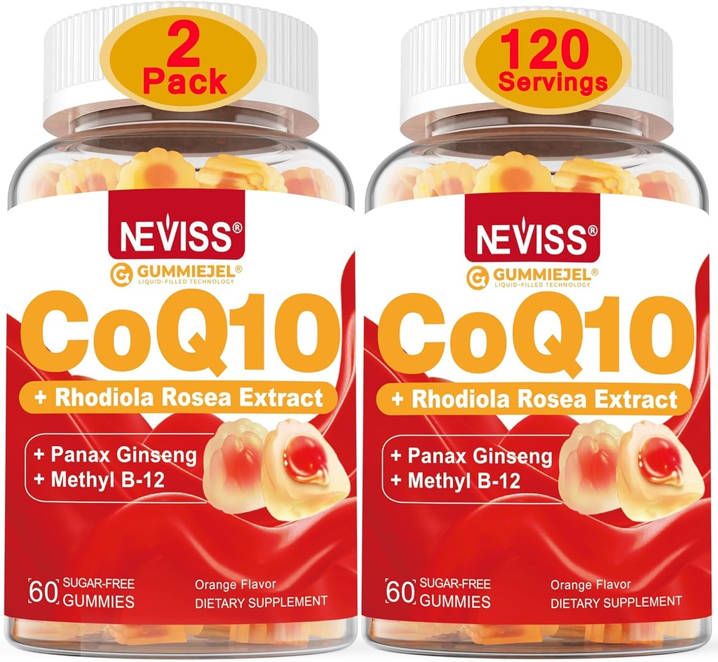 NEVISS 설탕 무료 CoQ10는 비타민 B12 1000mcg, Rhodiola Rosea 및 Panax Ginseng 추출물, 비타민 B6, Coenzyme Q10 보충교재, 2 팩을 가진 Gummies를 채웠습니다