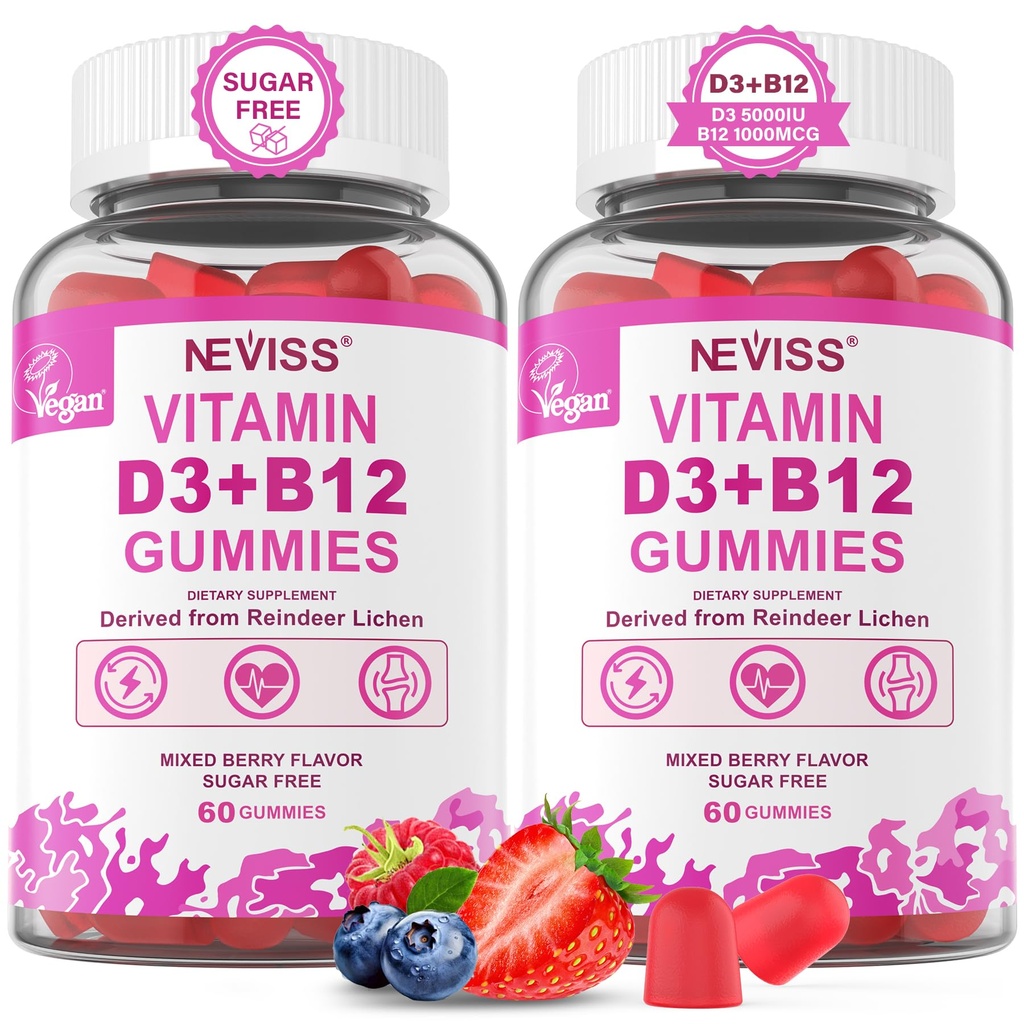 NEVISS 2Pack Vegan 비타민 D3 + 비타민 B12 Gummies, 높은 Potency D3 5000IU & 성인을 위한 1000 mcg 메틸을 섞는 B12, 비타민 D3 및 B12, 지원 뼈 건강, 면역 & 에너지 보충교재, 120 조사