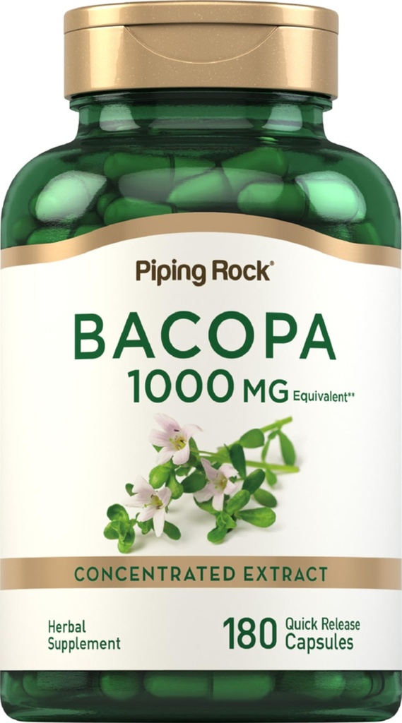 Piping Rock Bacopa Monnieri 보충 1000mg | 180 캡슐 | 초본 추출물 |Non-GMO & 글루텐 무료