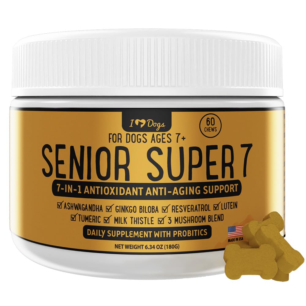 iHeartDogs 수석 슈퍼 7 매일 개 Multivitamin - 개를위한 7-in-1 비타민은 산화 방지제, Probiotics, Lion's Mane, 터키 꼬리, & Longevity & Cognitive Boost와 노화 방지를 지원합니다