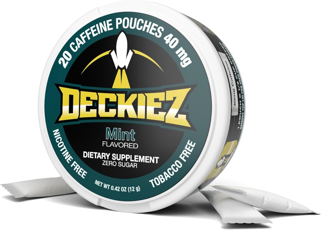 Deckiez 에너지 주머니, 5개의 깡통 (100의 서빙), 설탕 자유로운 카페인 보충교재, 커피 주머니 & 에너지 음료 대안, 50mg 카페인 주머니, 민트 풍미