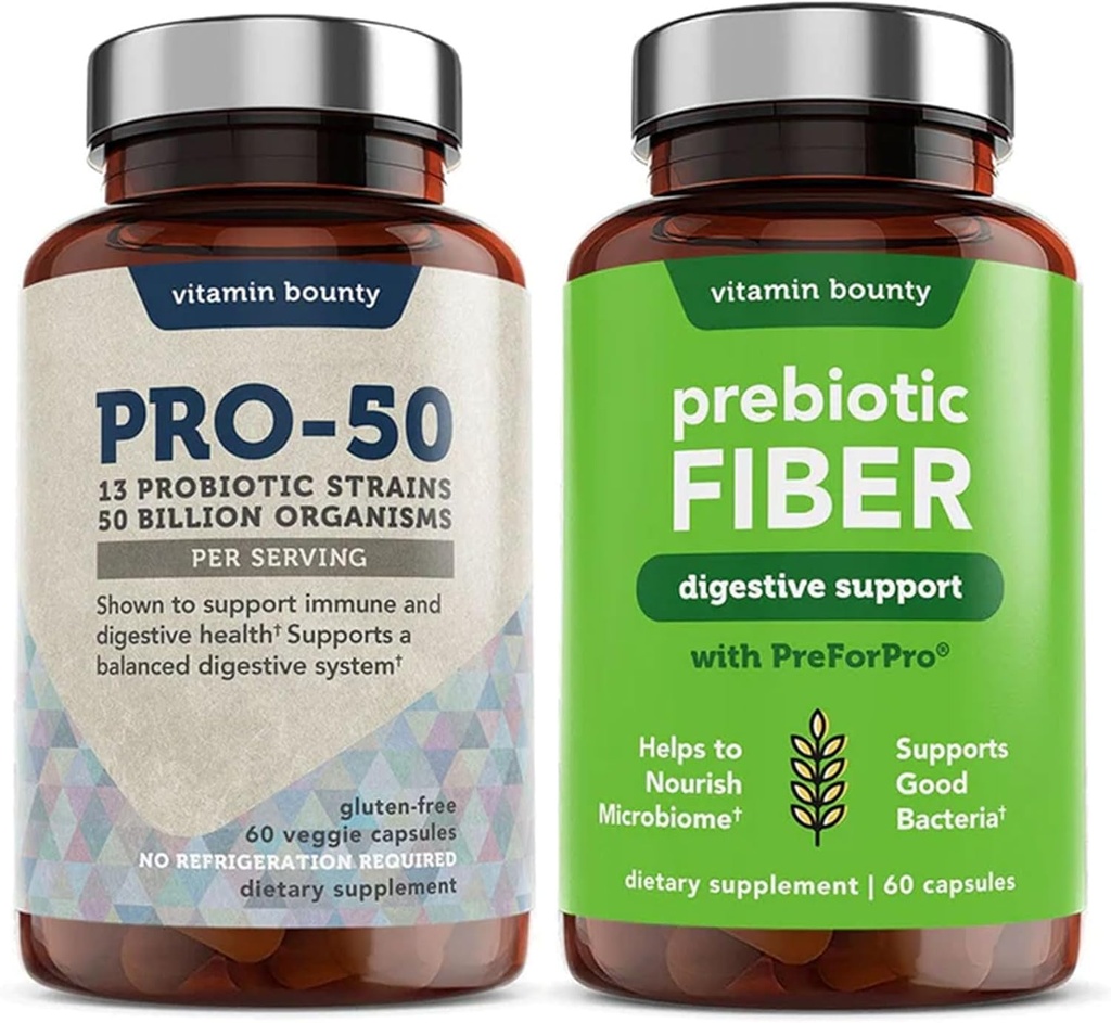 비타민 Bounty Pro-50 Probiotics & Prebiotic 섬유 번들 : 13 Strains, 50 Billion CFUs, Digestive & Gut Health Support, Delayed Release Capsules - 90 캡슐 남성 및 여성을위한 총
