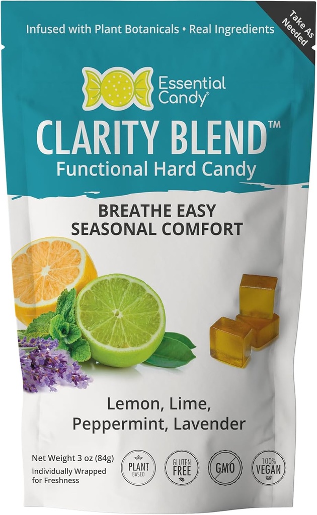 Clarity Blend Functional Hard Candy | Seasonal Support Breathe Easier | 유기농 레몬, 라임, 페퍼민트, 라벤더 | 글루텐 프리, 비 GMO, 비건 - 24 개 (팩 1)