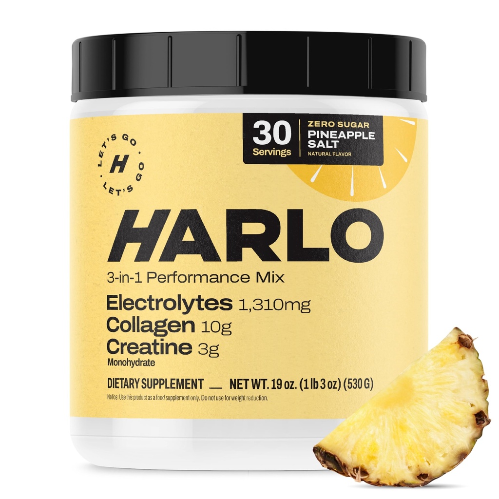 Harlo - Collagen & Creatine Electrolyte 음료 혼합 - 파인애플 소금 맛 - Hydrating Pre & Post Workout Powder - 피부, 관절 및 근육 회복 지원 - Sugar-Free Energy Boost