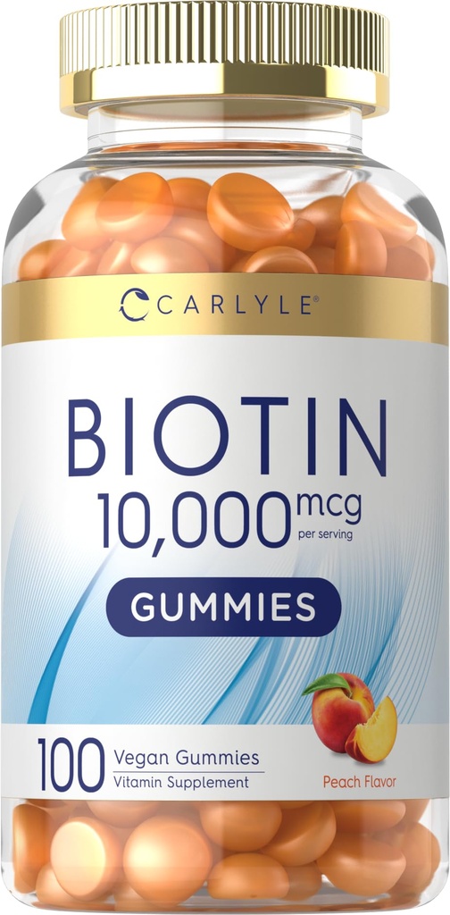 Carlyle Biotin 10000mcg Gummies | 100 개 | 복숭아 맛 보충 | Vegan, Non-GMO, 글루텐 무료