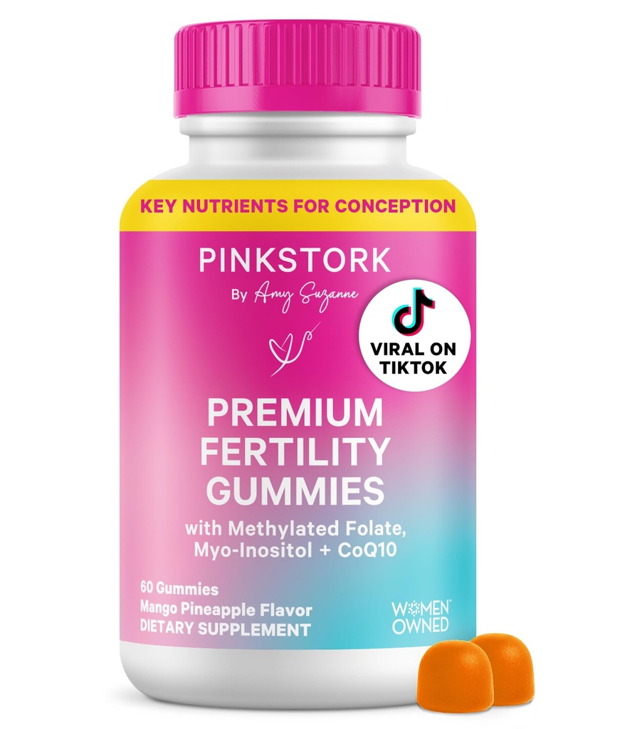 여성을위한 핑크 Stork Fertility Gummies - 파인애플 망고 맛, Myo-Inositol, CoQ10, Folate, 아연, 비타민 D, B6, B12 - Hormonal & Reproductive Health Supplement - 60 Gummies