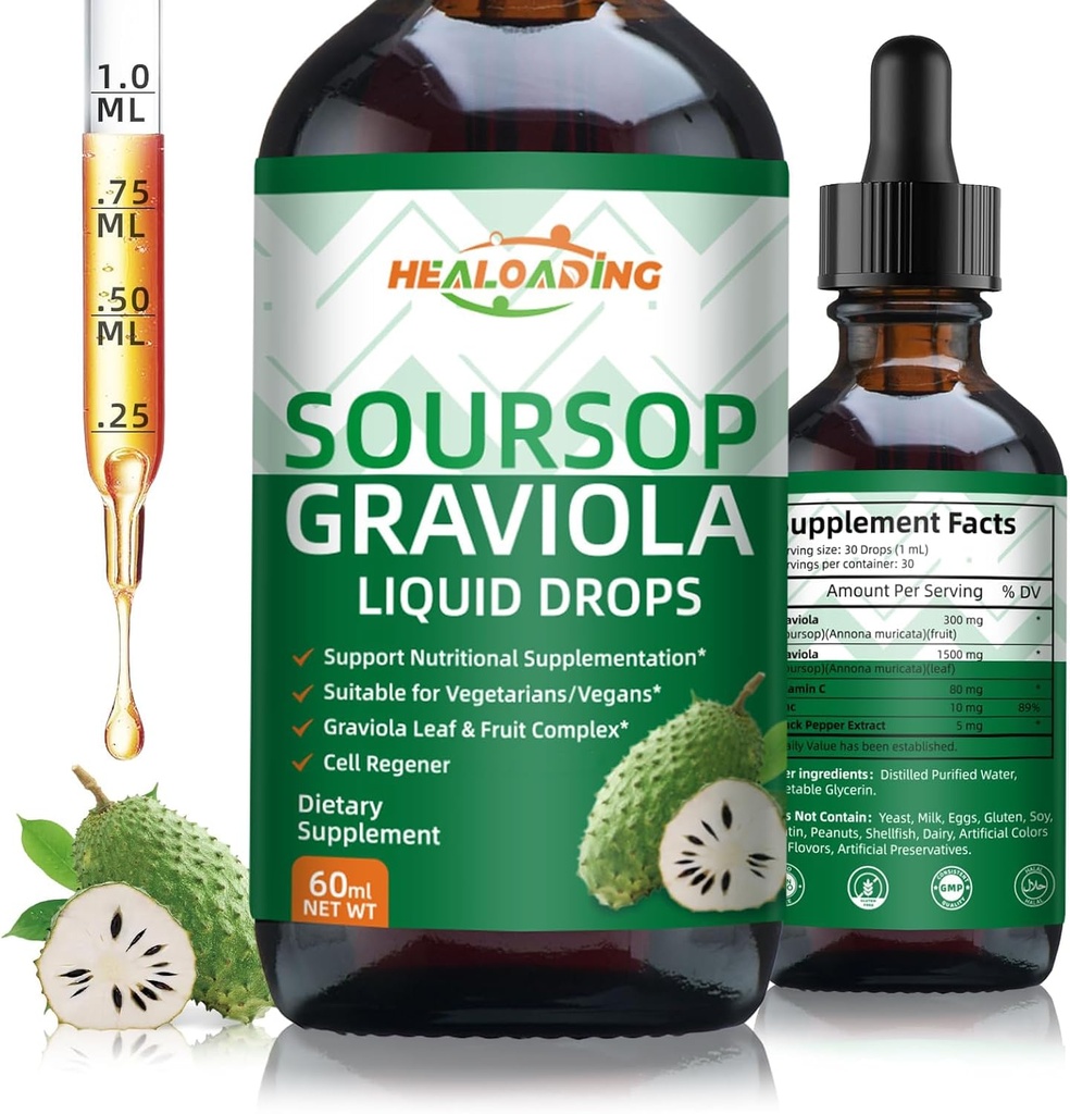 Soursop Bitters 액체 하락: 세포 지원을 위한 유기 Graviola Soursop 잎 추출물 액체, 재생, 면역 부스트, 틈새 및 산화 방지제 지원