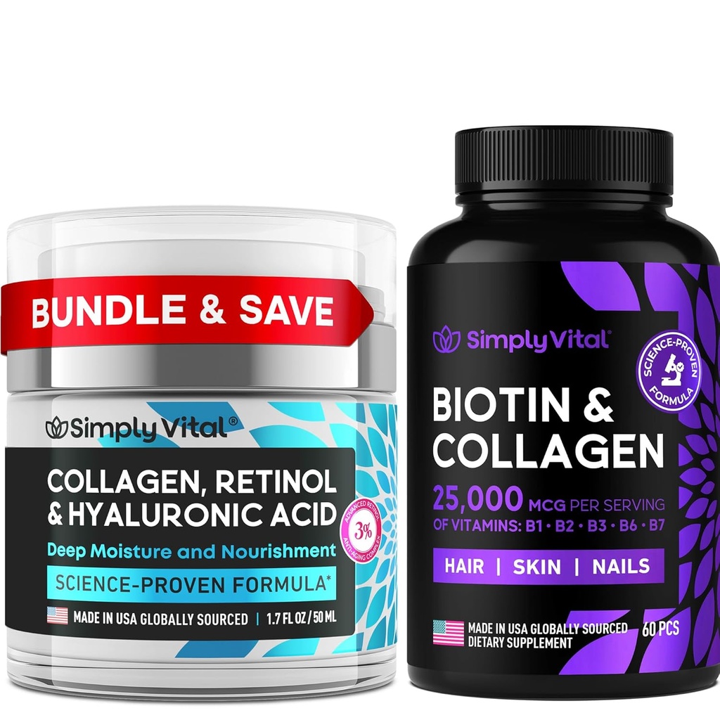 SimplyVital Biotin, Collagen & Retinol 번들 – 5000mcg Biotin for Hair, Skin & Nails + Anti-Aging Retinol & Hyaluronic Acid Cream for Face, Neck & Décolleté – 미국에서 만든