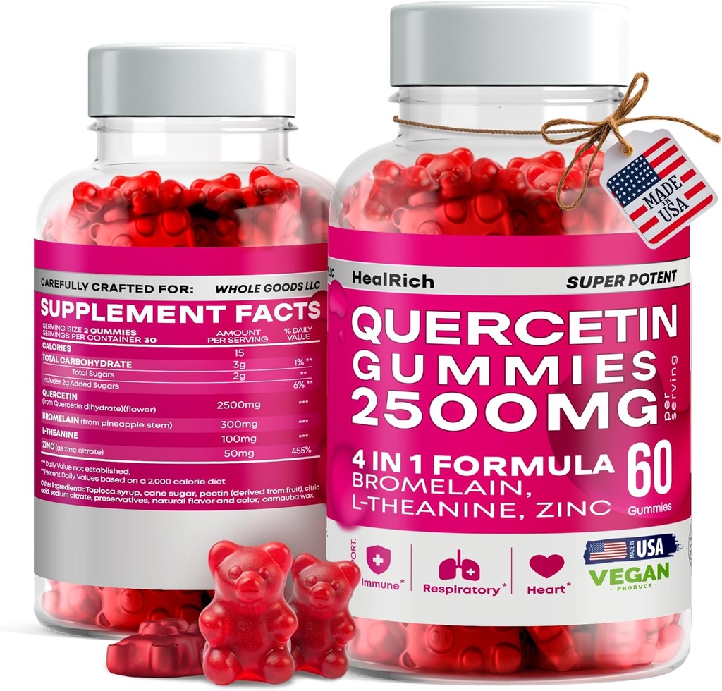 Quercetin Gummies - Bromelain, L-Theanine & 아연 Vegan Immune 지원은 아이 & 성인을 위해 보충합니다 - 알레르기 기복 & 폐 건강