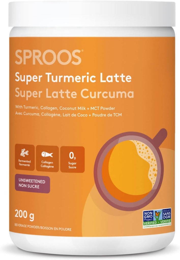 SPROOS Super Turmeric Latte | 유기농 심황 + 해양 콜라겐, MCT 파우더, 유기농 코코넛 밀크 파우더, 발효 심황 & 향 | 듬뿍, 케토-Friendly & Dairy-Free | Tub 200 g