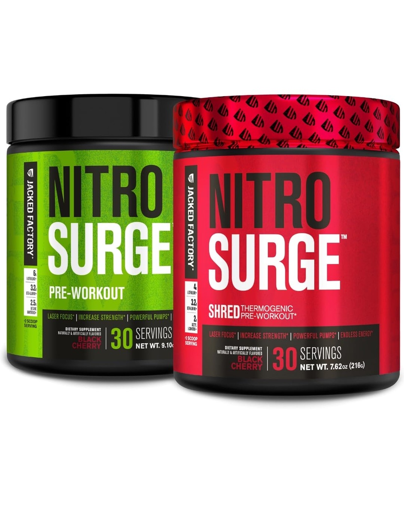 Black Cherry & Black Cherry Nitrosurge Shred Thermogenic Pre-Workout의 Jacked Factory Nitrosurge 사전 운동