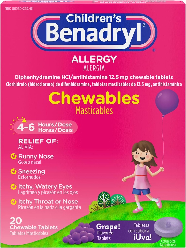 Benadryl 어린이 Allergy Medicine Chewables with Diphenhydramine HCl, Chewable Kids' Antihistamine Tablets for Relief of Allergy Symptoms like Sneezing & Itchy Eyes, 포도 맛, 20 ct