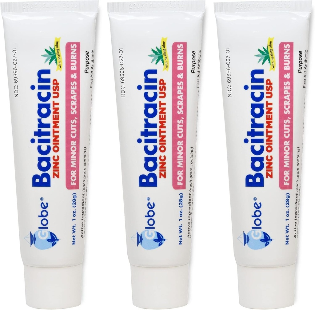 글로브 (3 팩) Bacitracin 아연 연고 + 알로에 1oz - 부상 치유를위한 최대 힘 항생제 - 컷, 화상, 스크랩을위한 최고 약물 용 솔루션 - 피부 감염 및 응급 처치 필수