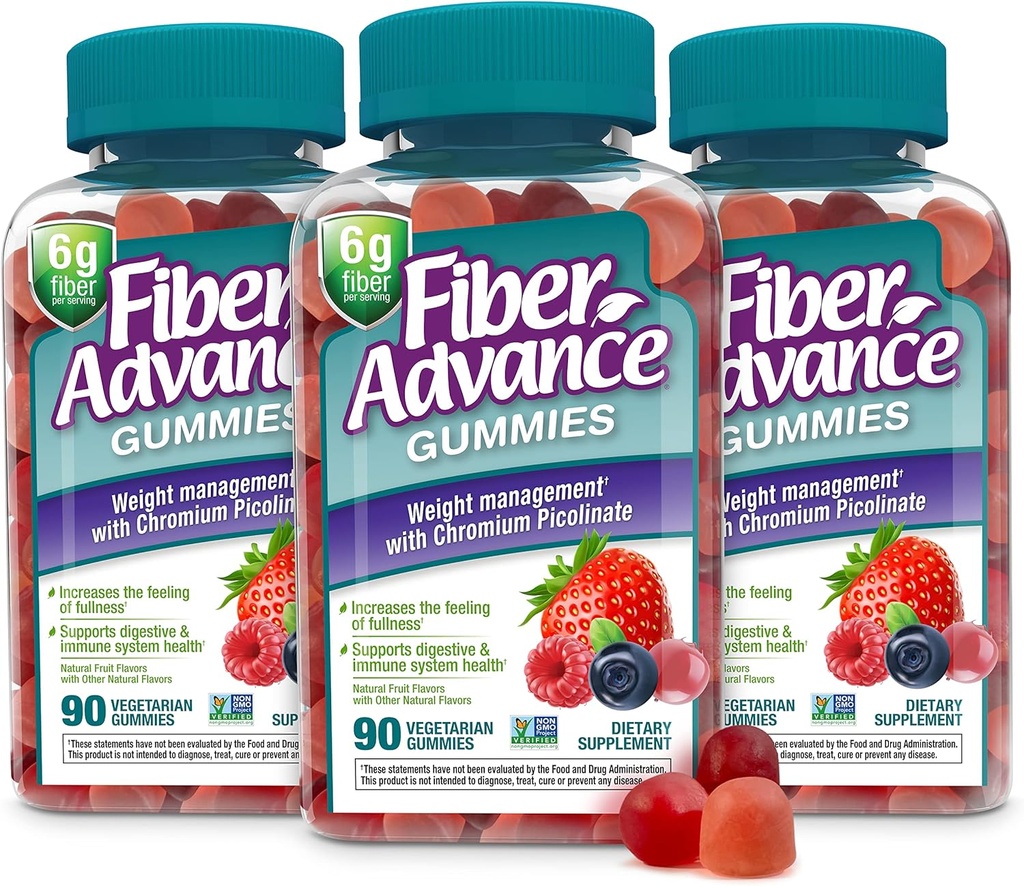 Fiber Advance Weight Management Gummies | 100 % 플랜트 다이제스트 웰니스 및 과트 건강용 섬유 | 중량 관리 지원용 Chromium Picolinate (3-Pack)