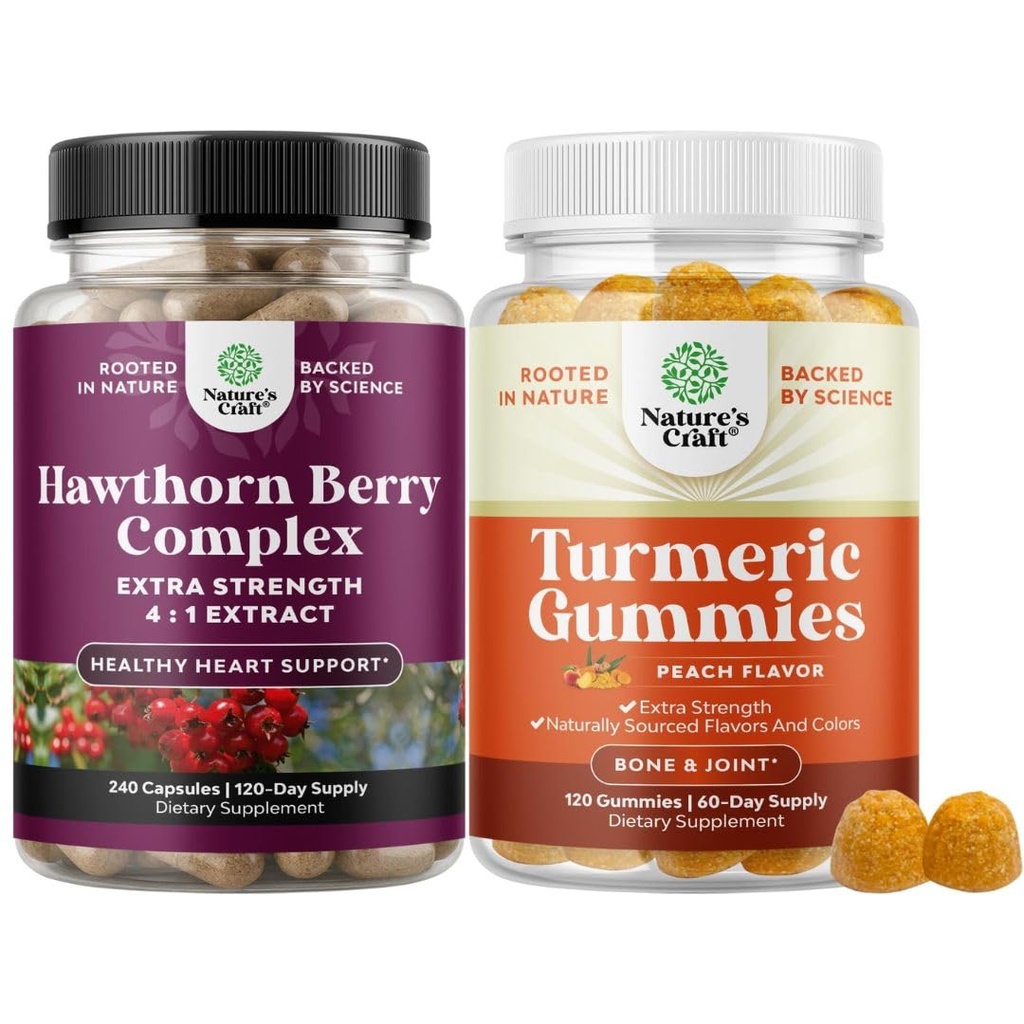 Extra Strength Hawthorn Berry Capsules의 번들 - 성인 복숭아 풍미를 위한 Digestion과 Heart Health Supplement 및 Turmeric Gummies를 추출하십시오 - 여분 힘 합동 지원 Gummies