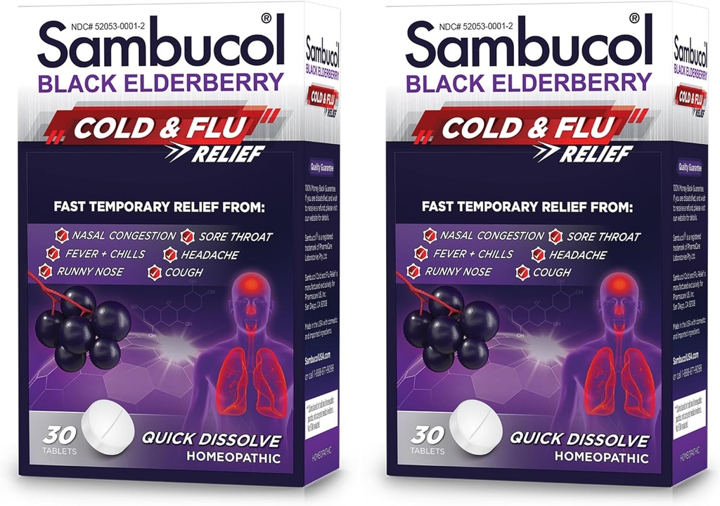 Sambucol 감기와 불 기복 정제 - Homeopathic 찬 약, Nasal & Sinus Congestion 기복, Runny Nose를 위한 사용, 기침, 성인을 위한 찬 Remedy - 검정 Elderberry, 30 조사, 2 팩