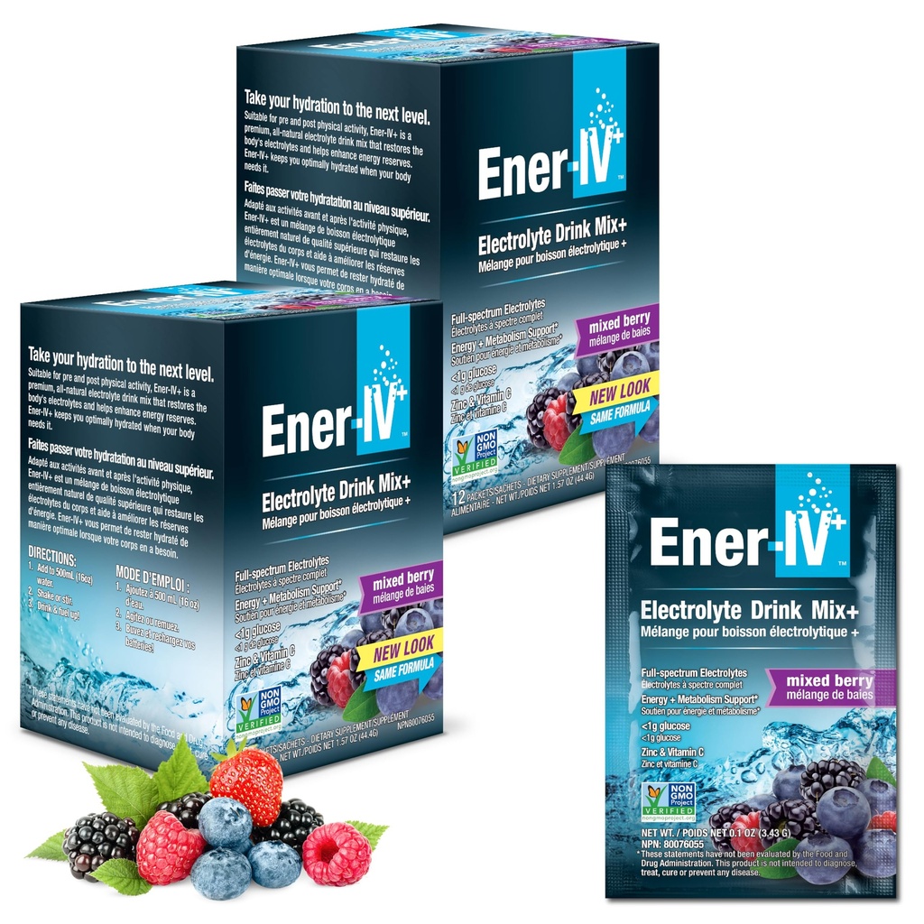 Ener-IV Electrolyte 음료 혼합 - Electrolytes 분말 패킷, 히드라 션 분말 음료, 히드라 액체 혼합, 여성 및 남성을위한 낮은 설탕 Rehydration - 혼합 Berry, 24 카운트